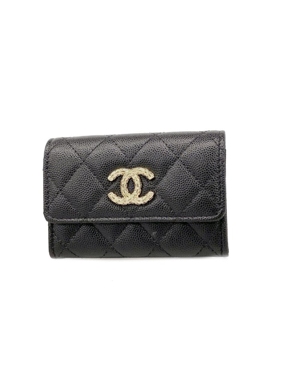 Chanel Coin Purse Quilted Caviar Leather Black Gold